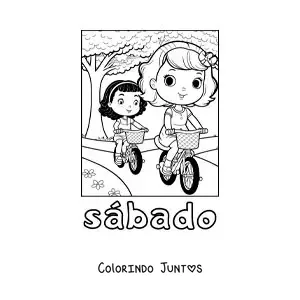 Desenho para colorir do sábado com duas meninas andando de bicicleta no parque