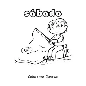 Desenho para colorir do sábado com um menino pescando em um lago