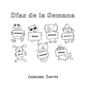 Desenho para colorir de animais animados com os dias da semana para crianças