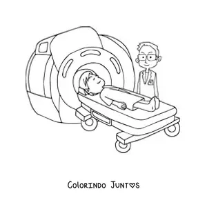 Desenho para colorir de um medico realizando uma ressonancia magnetica em um paciente