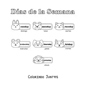 Desenho para colorir de fichas com os dias da semana em inglês e espanhol