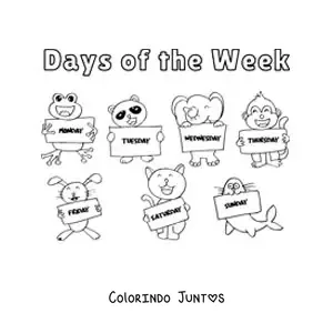 Desenho para colorir de animais animados com os dias da semana em inglês