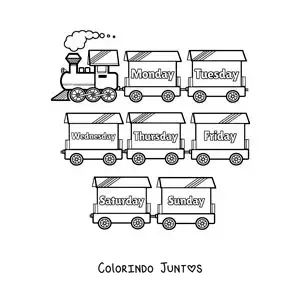 Desenho para colorir de trem com os dias da semana em inglês
