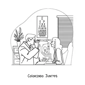 Desenho para colorir de um oftalmologista examinando uma paciente