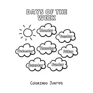 Desenho para colorir de nuvens com os dias da semana em inglês