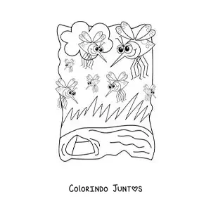 Desenho para colorir de pernilongos animados perto de um corpo de água