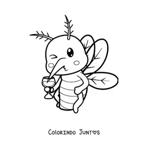 Desenho para colorir de um mosquito animado bebendo sangue de uma taça