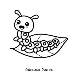 Desenho para colorir de uma lagarta kawaii em uma folha