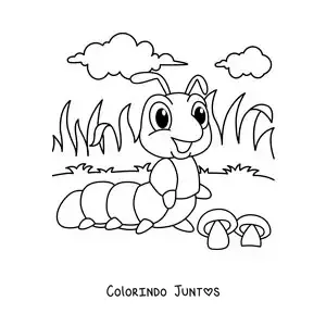 Desenho para colorir de uma lagarta animada no jardim