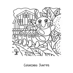 Desenho para colorir de uma lagarta animada em uma folha