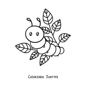 Desenho para colorir de uma lagarta kawaii com folhas