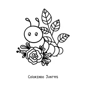 Desenho para colorir de uma lagarta kawaii com folhas e flores