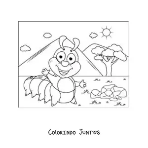 Desenho para colorir de uma lagarta animada sorridente no campo