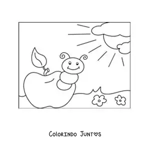 Desenho para colorir de uma lagarta animada em uma maçã