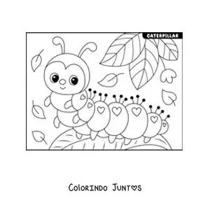 Desenho para colorir de uma lagarta animada bonita em uma folha