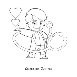 Desenho para colorir de um medico animado com estetoscopio rodeado de coracoes