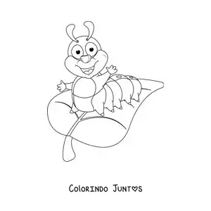 Desenho para colorir de uma lagarta sorridente em uma folha em desenho animado