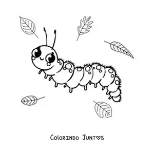 Desenho para colorir de uma lagarta infantil bonita com folhas