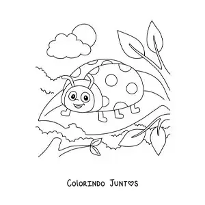 Desenho para colorir de uma joaninha animada comendo uma folha