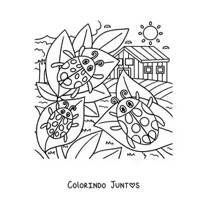 Desenho para colorir de joaninhas animadas em um jardim