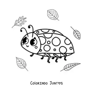 Desenho para colorir de uma joaninha kawaii com folhas