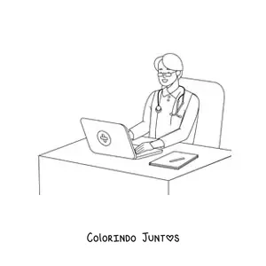 Desenho para colorir de um medico sentado diante de uma mesa em um consultorio