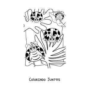 Desenho para colorir de joaninhas animadas em um jardim