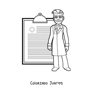 Desenho para colorir de um medico junto a uma receita medica