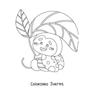 Desenho para colorir de uma joaninha animada com uma folha