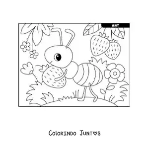Desenho para colorir de uma formiga kawaii trabalhando colhendo morangos