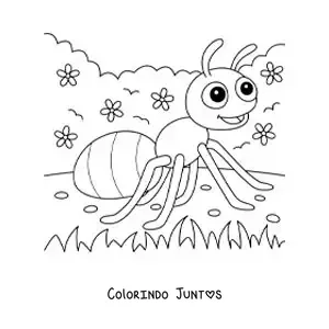 Desenho para colorir de uma formiga animada em um jardim
