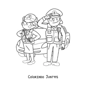 Desenho para colorir de um par de policiais animados junto a uma viatura
