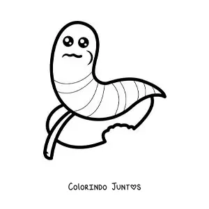 Desenho para colorir de uma minhoca kawaii fofa comendo uma folha