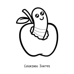 Desenho para colorir de uma minhoquinha kawaii em uma maçã