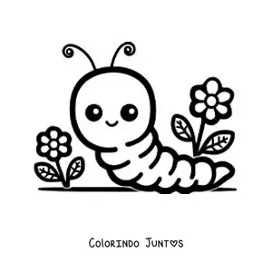 Desenho para colorir de uma minhoca kawaii animada com flores