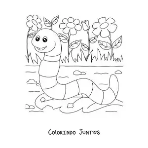 Desenho para colorir de uma minhoca de terra animada comendo uma folha
