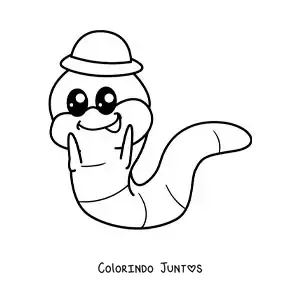 Desenho para colorir de minhoca engraçada kawaii com um chapéu