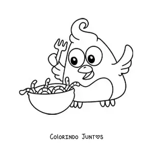 Desenho para colorir de um pássaro animado comendo um prato de minhocas