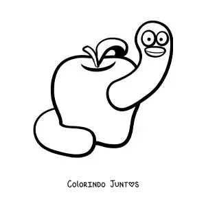 Desenho para colorir de desenho de um verme animado em uma maçã
