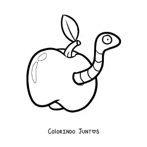 Desenho para colorir de verme engraçado animado em uma maçã