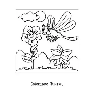 Desenho para colorir de libélula animada ao lado de umas flores