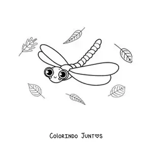 Desenho para colorir de uma linda libélula animada voando com folhas