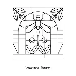 Desenho para colorir de vitral com libélula e flores