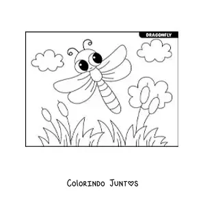 Desenho para colorir de libélula kawaii voando em um jardim
