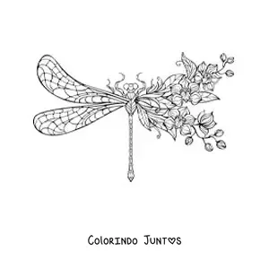 Desenho para colorir de uma linda libélula com flores