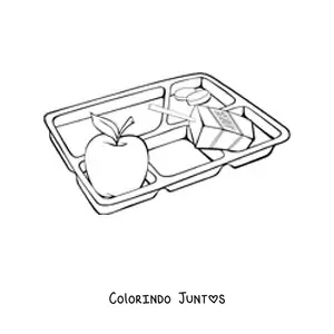 Desenho para colorir de uma bandeja de almoço escolar com uma maçã e uma caixinha de suco