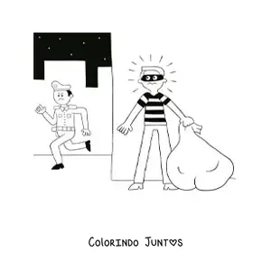 Desenho para colorir de um policial perseguindo um ladrao a noite