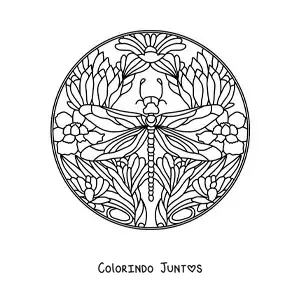 Desenho para colorir de mandala de libélula com flores