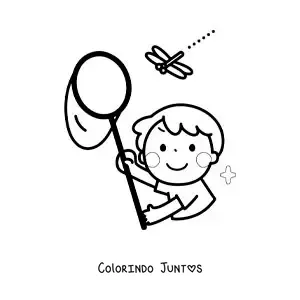 Desenho para colorir de menino pegando uma libélula com uma rede