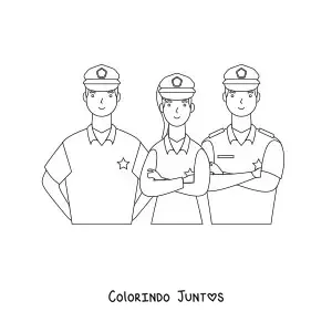 Desenho para colorir de tres policiais olhando para a frente